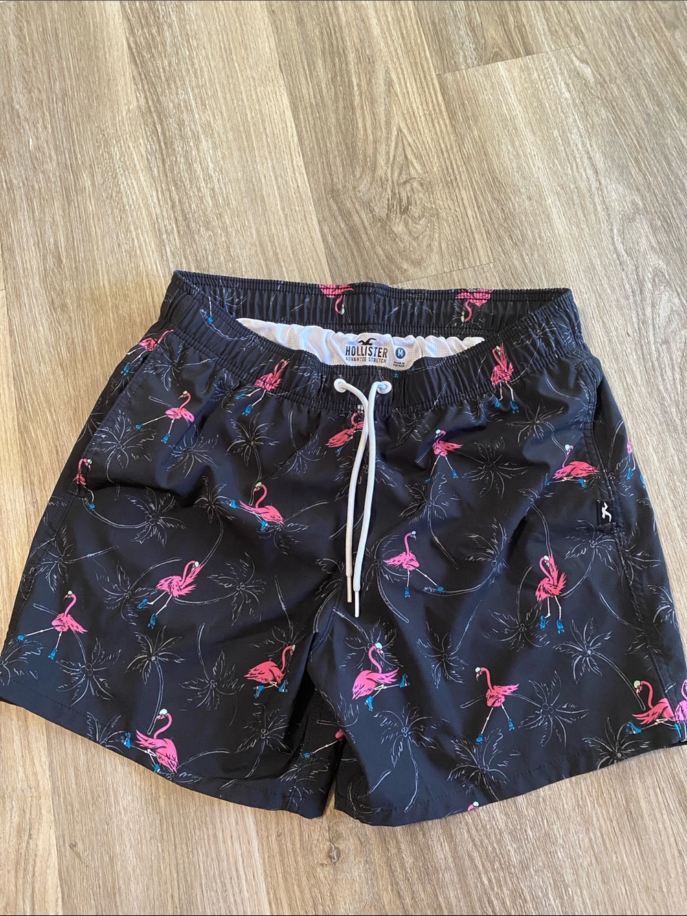 Men's Black Swim Trunks with Pink Flamingo Print